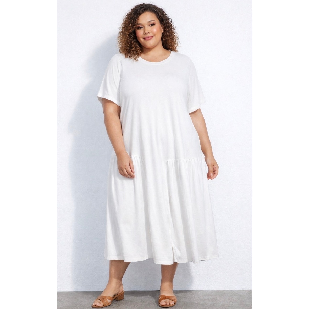Nordstrom Summer Xl Short Sleeve White Pleated Dropped Waist Relaxed Midi Dress
